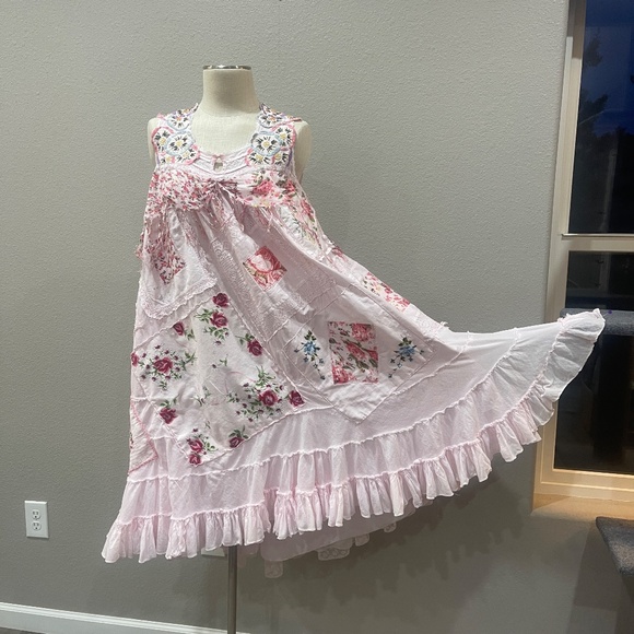 Pink Upcycled Boho Shabby Chic High Low Dress with Ruffles & Appliqués, Size M - Picture 4 of 13